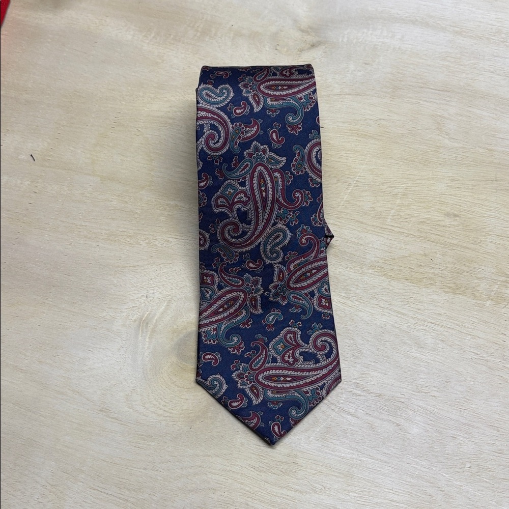 Burnham Ltd Men’s Silk Tie; navy with burgundy, tan and green paisley